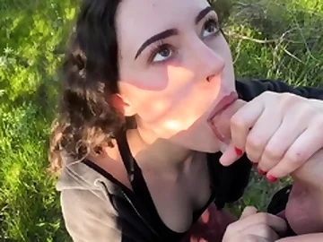 Amazing huge-boobed dark-haired slut doing blowjob outdoor